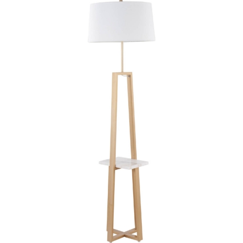 Cosmo Shelf Floor Lamp in White Marble, Gold Metal & White Linen Shade